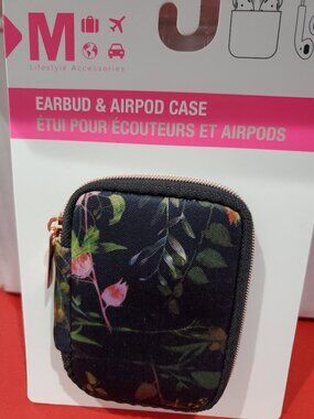 My Tag Alongs Earbud & Airpod Black Floral Case Rose Gold Zipper-NEW